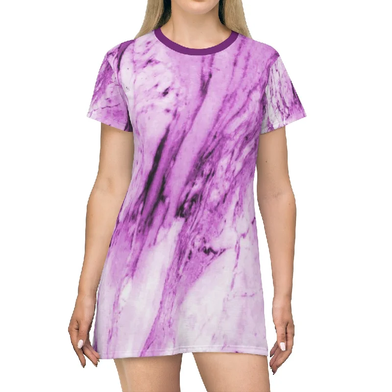 Purple Pink Marble T-shirt Dress, Abstract Print Designer Crew Neck Long T-shirt Dress-Made in USA Wool Fabric Cashmere Fabric Tweed Fabric Purple Pink Marble T-shirt Dress, Abstract Print Designer Crew Neck Long T-shirt Dress-Made in USA Wool Fabric Cashmere Fabric Tweed Fabric