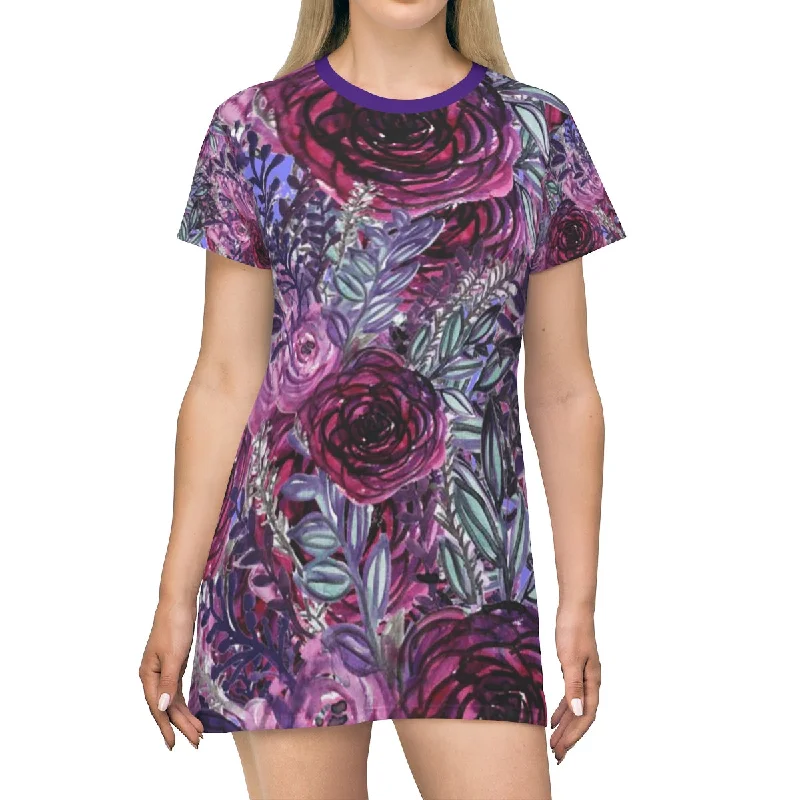 Purple Pink T-Shirt Dress, Rose Floral Print Women's Long T-Shirt Dress- Made in USA(US Size:XS-2XL) Hooded Caped Shawl Collar Purple Pink T-Shirt Dress, Rose Floral Print Women's Long T-Shirt Dress- Made in USA(US Size:XS-2XL) Hooded Caped Shawl Collar