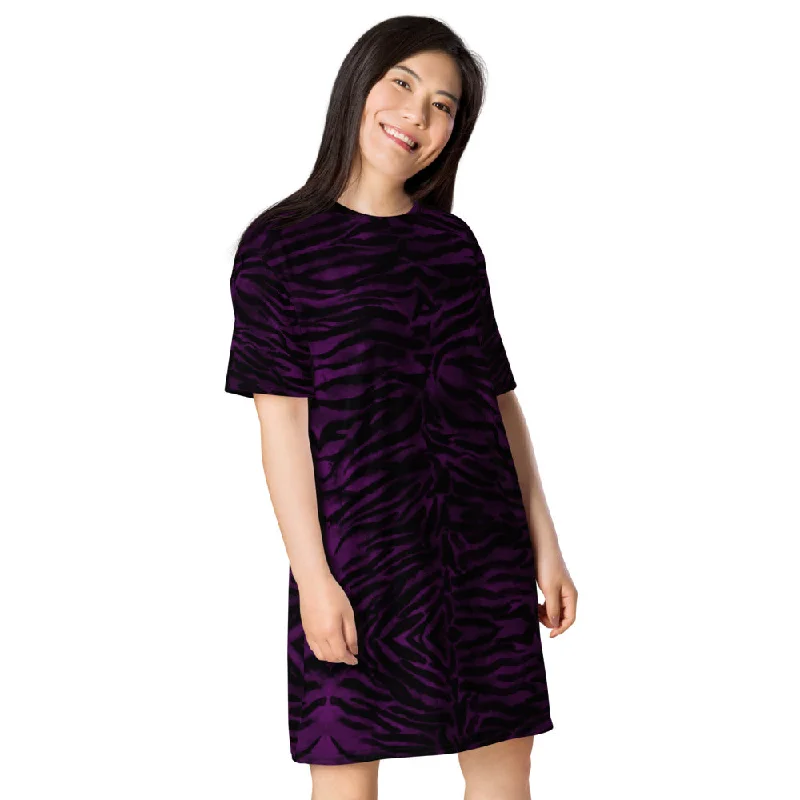 Purple Tiger Striped T-Shirt Dress, Animal Print Women's Short Sleeves Dress - Made in USA/EU/MX Denim Fabric Leather Fabric Suede Fabric Purple Tiger Striped T-Shirt Dress, Animal Print Women's Short Sleeves Dress - Made in USA/EU/MX Denim Fabric Leather Fabric Suede Fabric