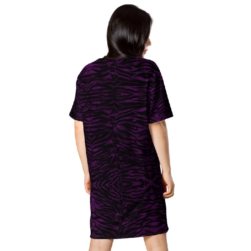 Purple Tiger Striped T-Shirt Dress, Animal Print Women's Short Sleeves Dress - Made in USA/EU/MX Lace Blend Ribbed Blend Corduroy Blend Purple Tiger Striped T-Shirt Dress, Animal Print Women's Short Sleeves Dress - Made in USA/EU/MX Lace Blend Ribbed Blend Corduroy Blend