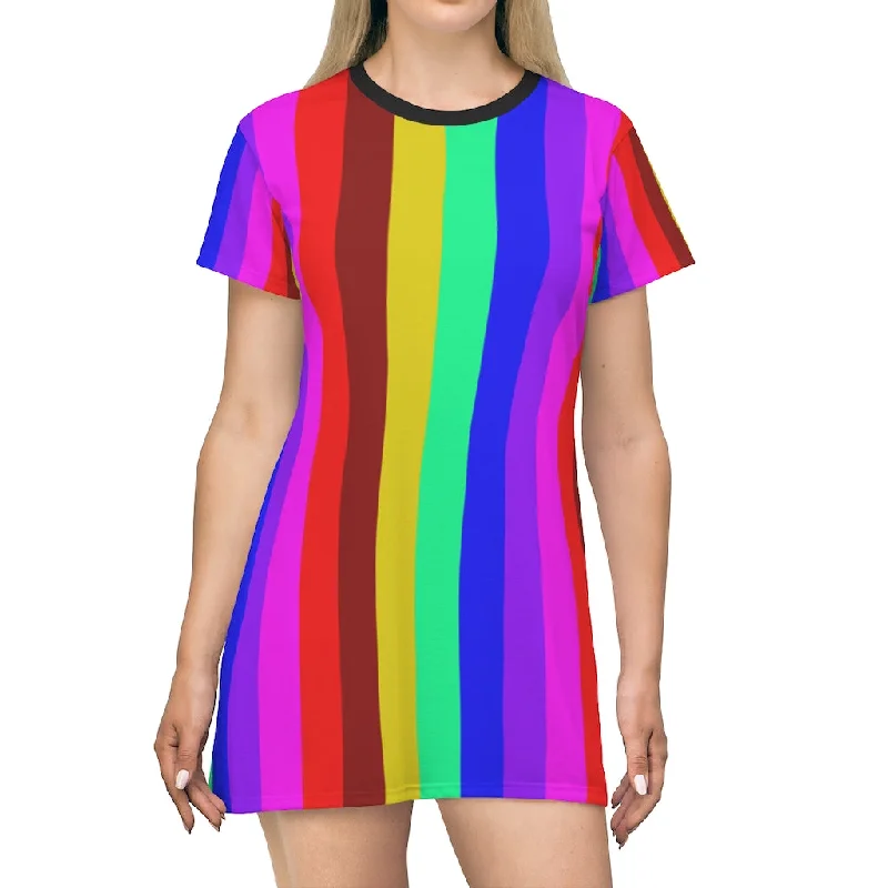 Rainbow Striped T-Shirt Dress, Gay Pride Vertical Striped Women's Crew Neck Dress - Made in USA Spandex Blend Rayon Blend Denim Blend Rainbow Striped T-Shirt Dress, Gay Pride Vertical Striped Women's Crew Neck Dress - Made in USA Spandex Blend Rayon Blend Denim Blend