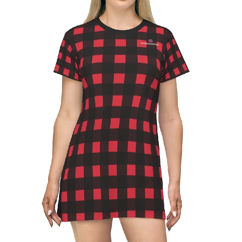 Red Buffalo Plaid T-Shirt Dress, Plaid Print Best Designer Women's Tee Shirt Dress -Made in USA Hooded Caped Shawl Collar