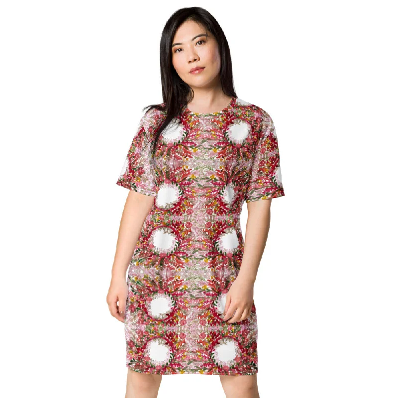 Red Floral Print T-Shirt Dress, Circular Watercolor Fall Style Women's Oversized Short Sleeves Dress Jersey Fabric Tulle Fabric Batik Fabric Red Floral Print T-Shirt Dress, Circular Watercolor Fall Style Women's Oversized Short Sleeves Dress Jersey Fabric Tulle Fabric Batik Fabric