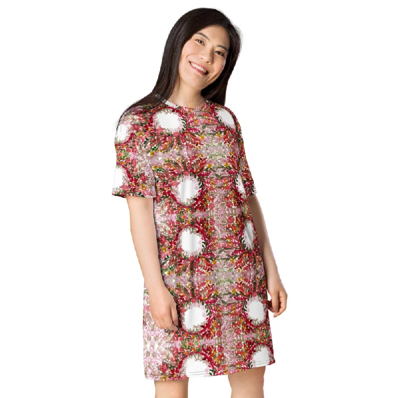 Red Floral T-Shirt Dress, Fall Theme Flower Print Women's Tee Long Oversize Comfy Dress-Made in USA/EU Hooded Caped Shawl Collar Red Floral T-Shirt Dress, Fall Theme Flower Print Women's Tee Long Oversize Comfy Dress-Made in USA/EU Hooded Caped Shawl Collar