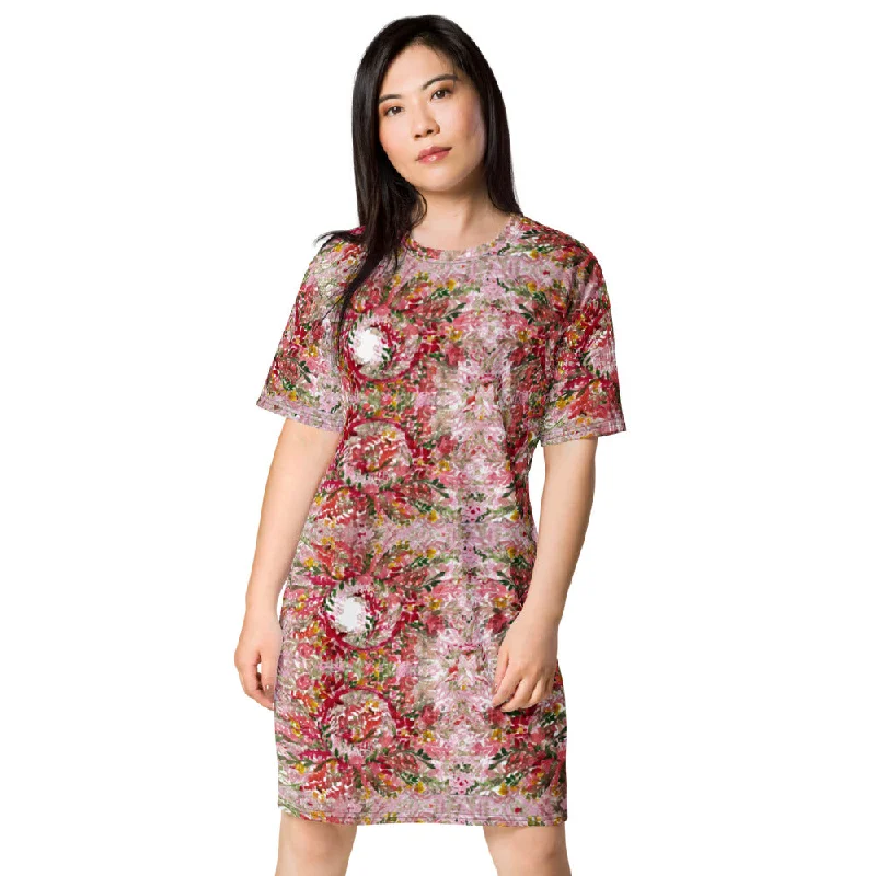 Red Flower T-shirt Dress, Circular Watercolor Fall Style Women's Oversized Short Sleeves Dress Rayon Fabric Velvet Fabric Corduroy Fabric Red Flower T-shirt Dress, Circular Watercolor Fall Style Women's Oversized Short Sleeves Dress Rayon Fabric Velvet Fabric Corduroy Fabric