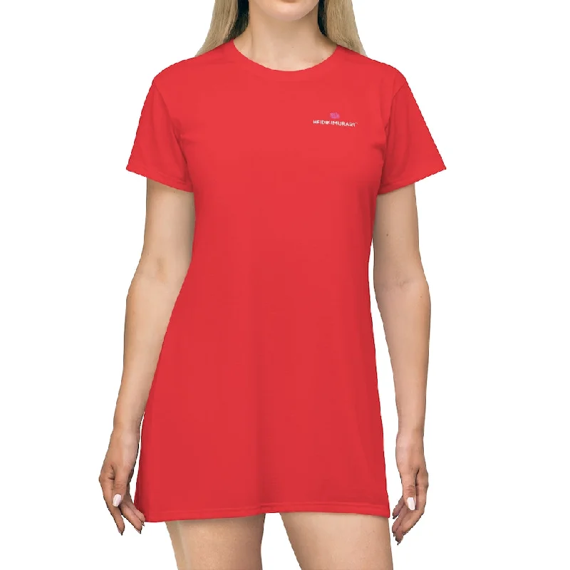 Red T-Shirt Dress, Solid Color Crewneck Long Tee Shirt Best Designer Dress For Women - Made in USA Welt Pockets Slit Pockets