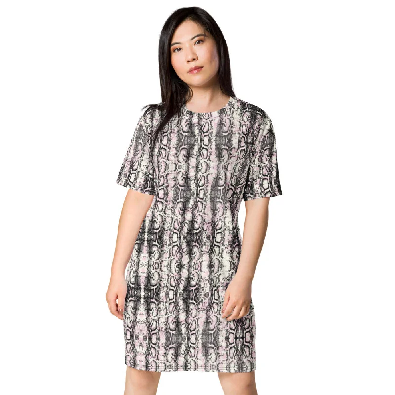 Snake Print Women's T-shirt dress, Snake Python Skin Printed T-shirt Dress For Ladies-Made in USA/EU Terry Blend Velvet Blend Canvas Blend Snake Print Women's T-shirt dress, Snake Python Skin Printed T-shirt Dress For Ladies-Made in USA/EU Terry Blend Velvet Blend Canvas Blend