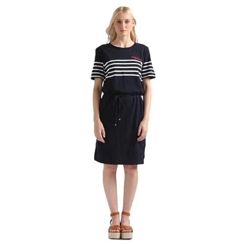 Tommy Hilfiger Cotton Navy Striped Round Neck Short Sleeves Women T-Shirt Dress (L) Terry Blend Velvet Blend Canvas Blend