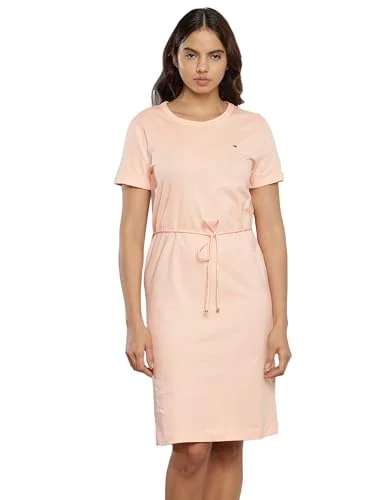 Tommy Hilfiger Women's Cotton T-Shirt Above The Knee Casual Dress (F23HWDR013_Peach Chenille Blend Fleece Blend Nylon Blend