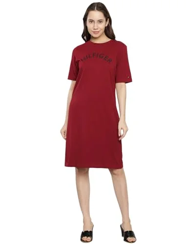 Tommy Hilfiger Women's Cotton T-Shirt Above The Knee Casual Dress (F23HWDR031_Maroon Mesh Blend Leather Blend Suede Blend Tommy Hilfiger Women's Cotton T-Shirt Above The Knee Casual Dress (F23HWDR031_Maroon Mesh Blend Leather Blend Suede Blend