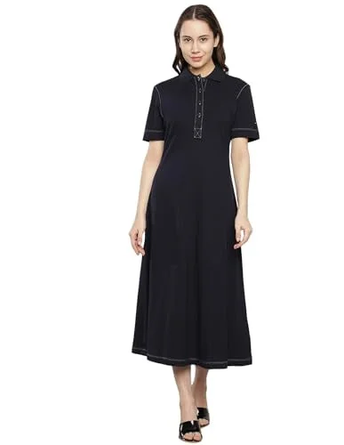 Tommy Hilfiger Women's Lyocell T-Shirt Calf Length Casual Dress (F23HWDR038_Navy Blue Ribbed Striped Patterned Tommy Hilfiger Women's Lyocell T-Shirt Calf Length Casual Dress (F23HWDR038_Navy Blue Ribbed Striped Patterned
