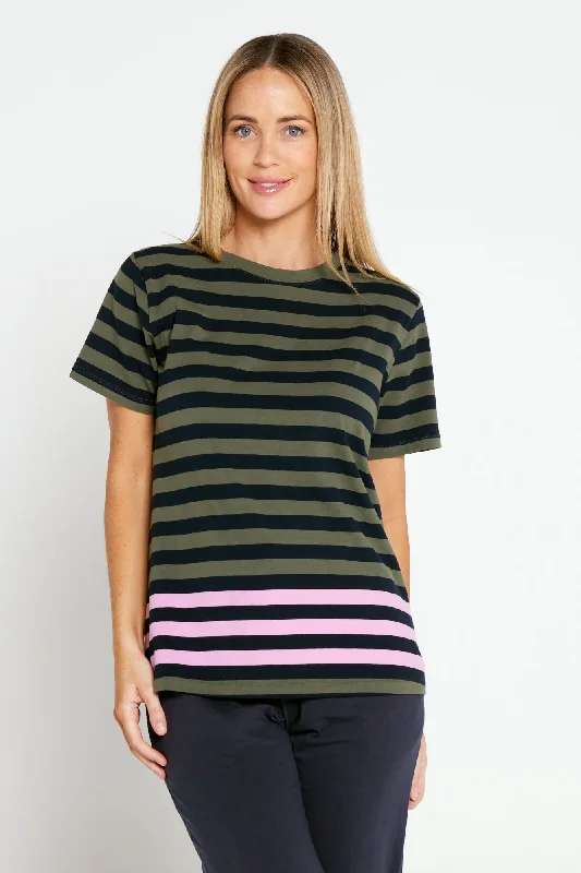 Turn Back Short Sleeve Tee - Navy/Khaki Stripe Rayon Velvet Corduroy