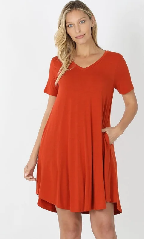 V-Neck Pocket T-Shirt Dress Modern Contemporary Chic