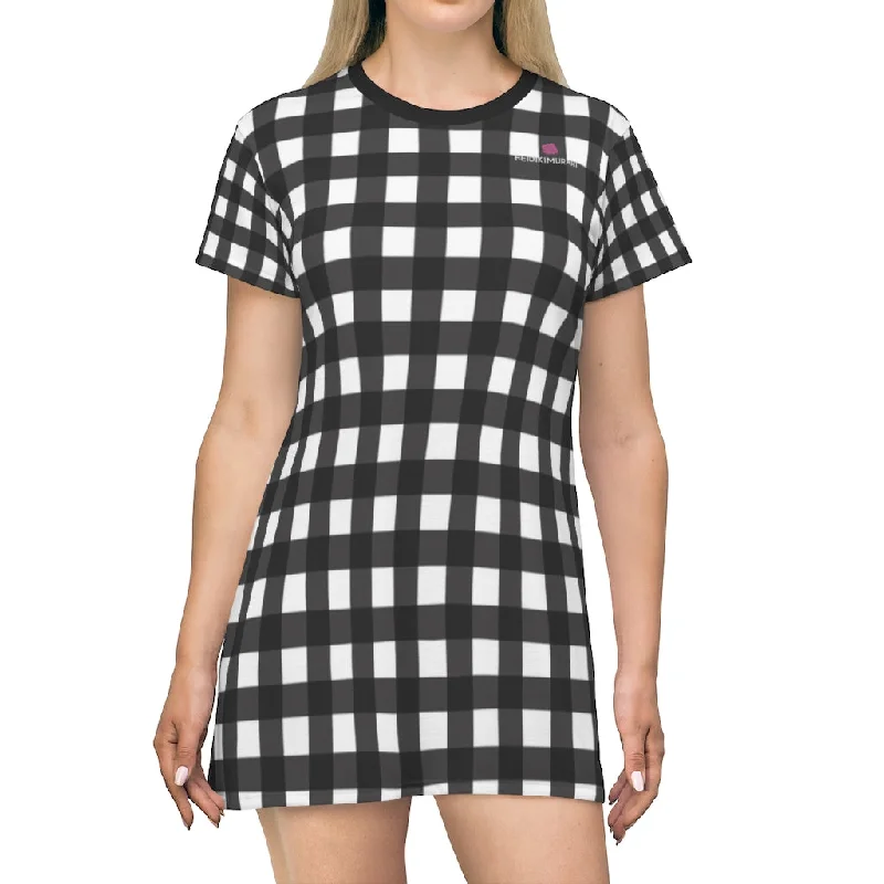 White Buffalo Plaid T-Shirt Dress, Plaid Print Best Designer Women's Tee Shirt Dress -Made in USA Zippered Front Buttoned Front Snap Front