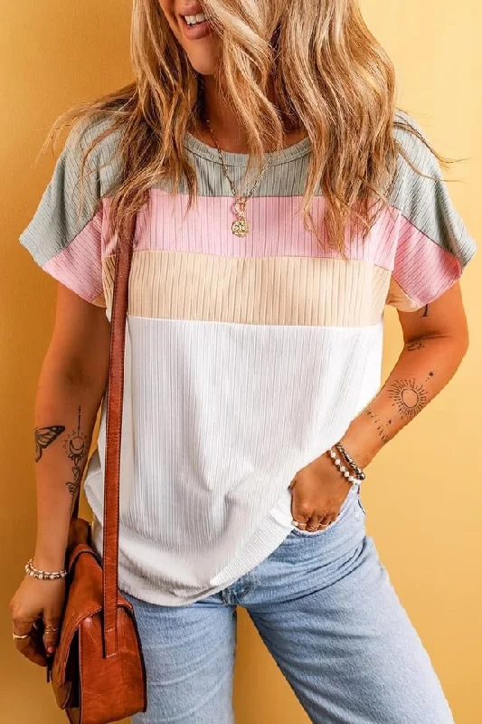 White Ribbed Color Block Patchwork Tee Terry Blend Velvet Blend Canvas Blend