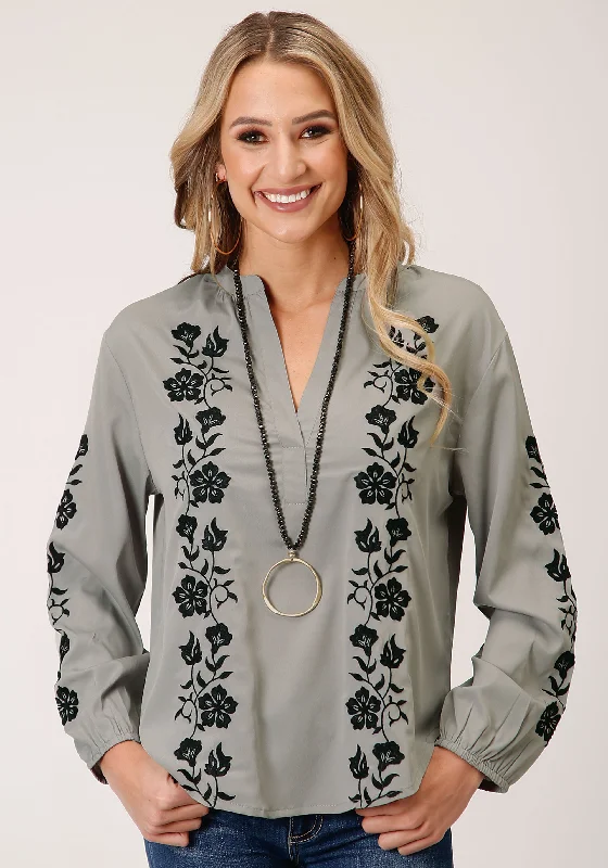 WOMENS LONG SLEEVE POLY CREPE VNECK PLACKET BLOUSE Ruched Sleeve Blouse