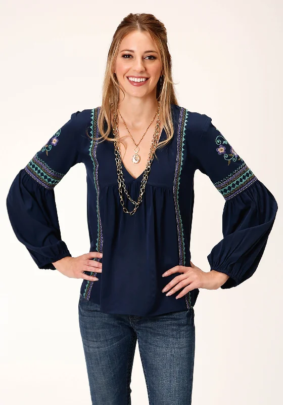 WOMENS LONG SLEEVE POLY CREPE V NECK PEASANT  BLOUSE Loose Oversized Blouse