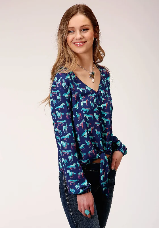 WOMENS LONG SLEEVE PRINT RAYON LONG SLEEVE   BLOUSE Silky Tunic Blouse