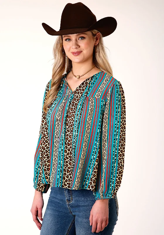 WOMENS LONG SLEEVE LEOPARD STRIPE PRINT RAYON BLOUSE Smart Business Blouse