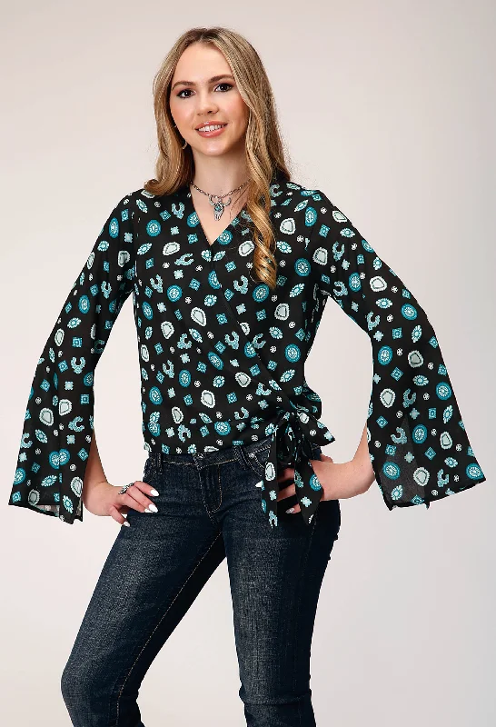 WOMENS LONG SLEEVE PULLOVER JEWELRY PRINT RAYON WRAP WESTERN BLOUSE WITH BELL SLEEVE WITH SIDE SPLIT OPENING SELF TIE Mandarin Collar Blouse