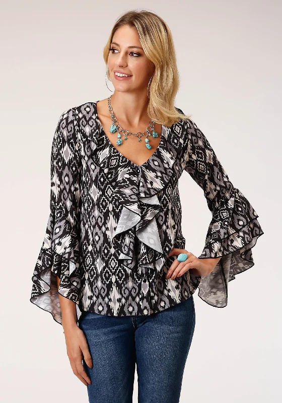 WOMENS LONG SLEEVE POLY CREPE  BLOUSE WITH RUFFLES Pastel Color Blouse