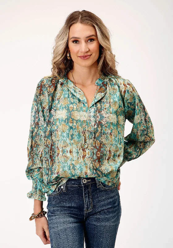 WOMENS LONG SLEEVE POLY TEAL SNAKE PRINT  BLOUSE Satin Bow Blouse