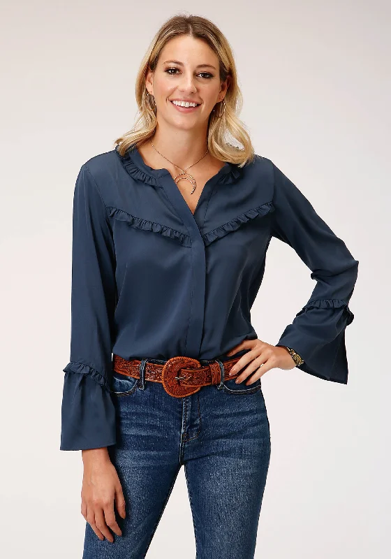 WOMENS LONG SLEEVE NAVY POLY AMERICAN CREPE  BLOUSE Business Casual Blouse