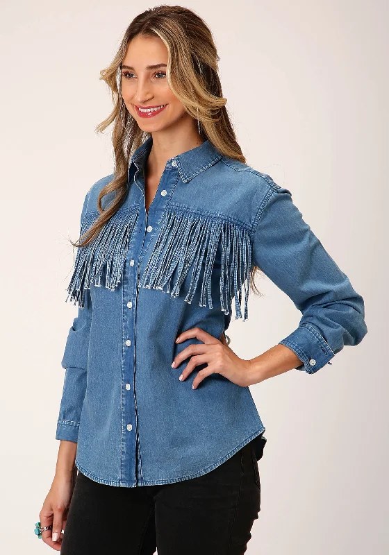 WOMENS LONG SLEEVE MEDIUM BLUE DENIM LONG SLEEVE WSTN SHIRT BLOUSE Classic Minimalist Blouse WOMENS LONG SLEEVE MEDIUM BLUE DENIM LONG SLEEVE WSTN SHIRT BLOUSE Classic Minimalist Blouse