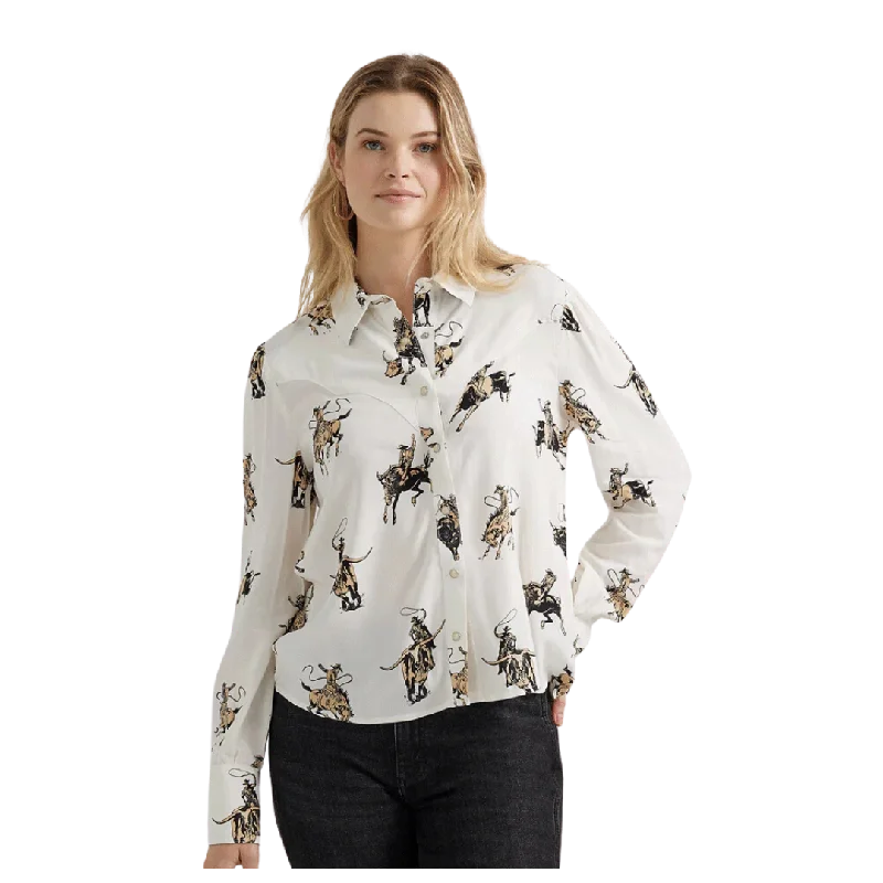 Wrangler Women's Retro Drapey Rodeo White Blouse Balloon Sleeve Blouse