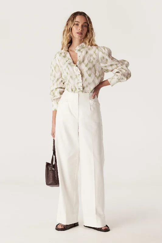 Adeline Linen Frill Blouse - Ikat Print Sheer Mesh Blouse