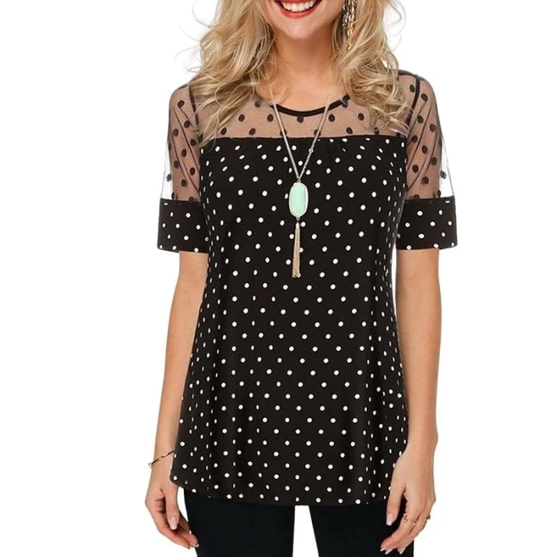 AGNES Design Women's Fine Fashion Premium Quality Polka Dots Mesh Design Blouse Ruched Sleeve Blouse