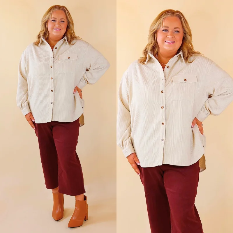 All Dolled Up Button Up Corduroy Shacket in Ivory Floral Print Blouse