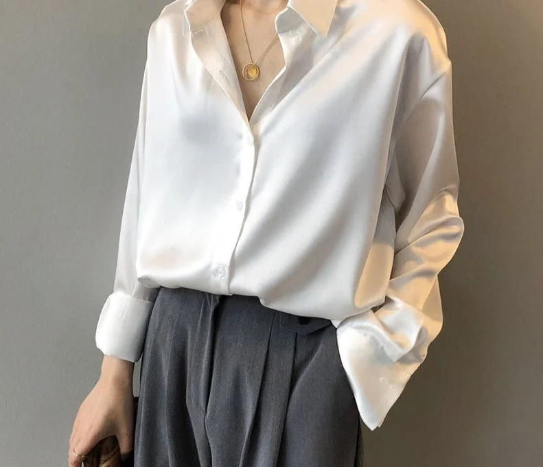 Autumn Button Up Satin Silk Shirt Vintage Blouse Women White Lady Long Sleeves Female Loose Street Shirts Elegant Peplum Blouse Autumn Button Up Satin Silk Shirt Vintage Blouse Women White Lady Long Sleeves Female Loose Street Shirts Elegant Peplum Blouse