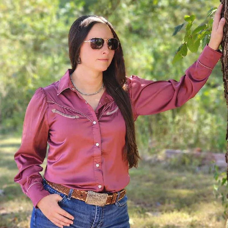 Berry Satin Puff Sleeve Western Blouse Embroidered Floral Blouse