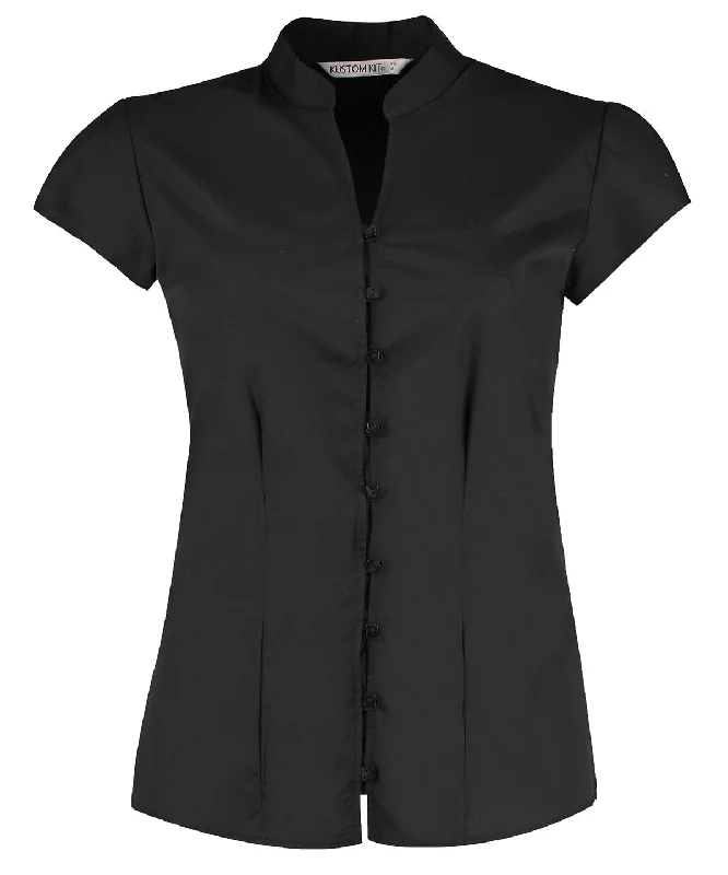 Black - Women's continental blouse mandarin collar cap sleeve (tailored fit) Lightweight Linen Blouse
