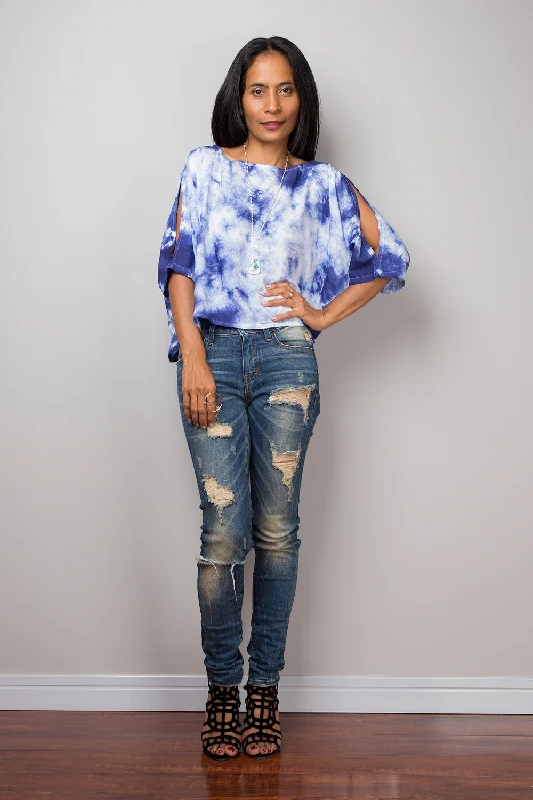 Blue Tie Dye Blouse Tunic Semi-Sheer Blouse