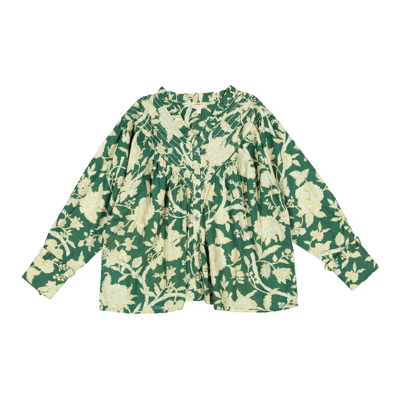 Bonjour Autumnal Green Flower Women Blouse Romantic Lace Blouse