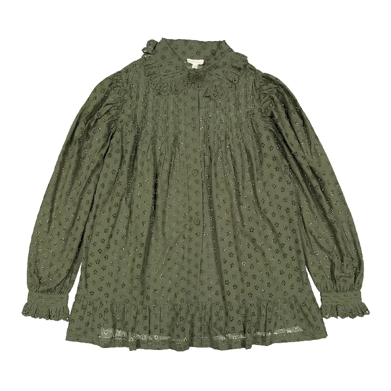 Bonjour Kaki Green Broderie Anglaise Women Blouse Chic Wrap Blouse
