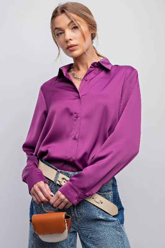 BUTTON DOWN SATIN BLOUSE SHIRT -(2colors) Embroidered Floral Blouse