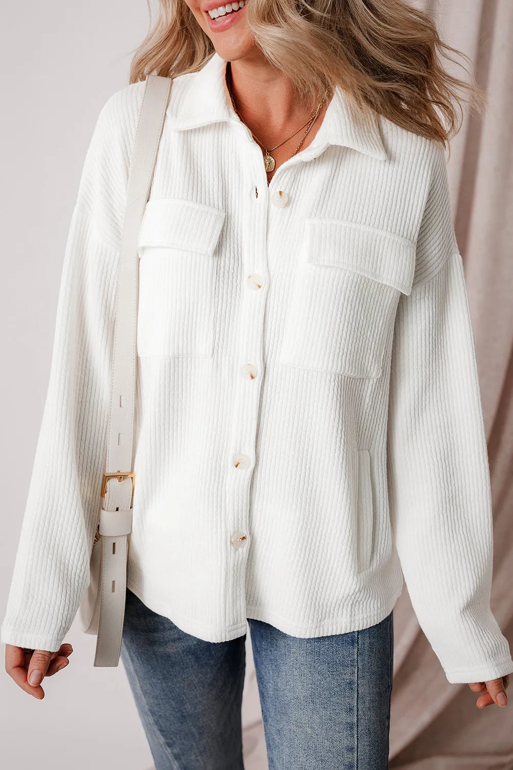 Button Up Long Sleeve Shacket Satin Bow Blouse