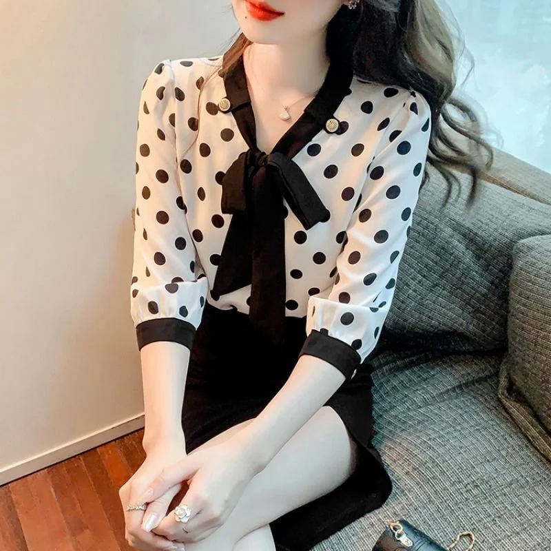 CARA Design Women's Fashion Stylish Polka Dots Chiffon Blouse Top Vintage Polka Blouse