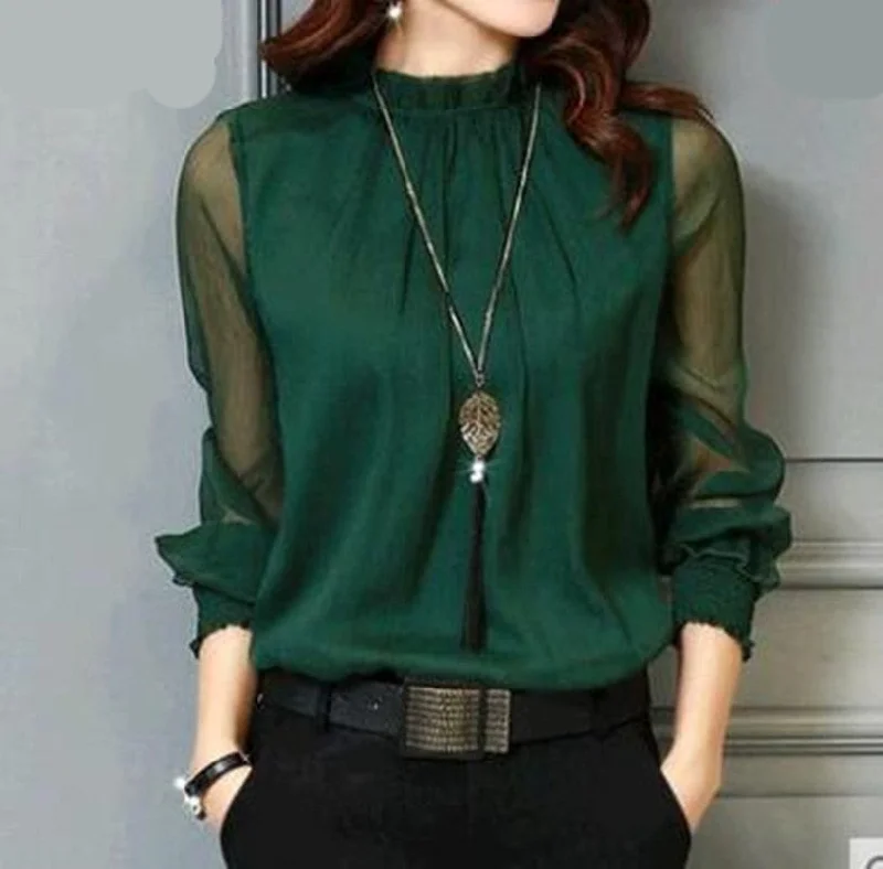 Chiffon Blouse Tops Long Sleeve Stand Neck Work Shirts Embroidered Floral Blouse