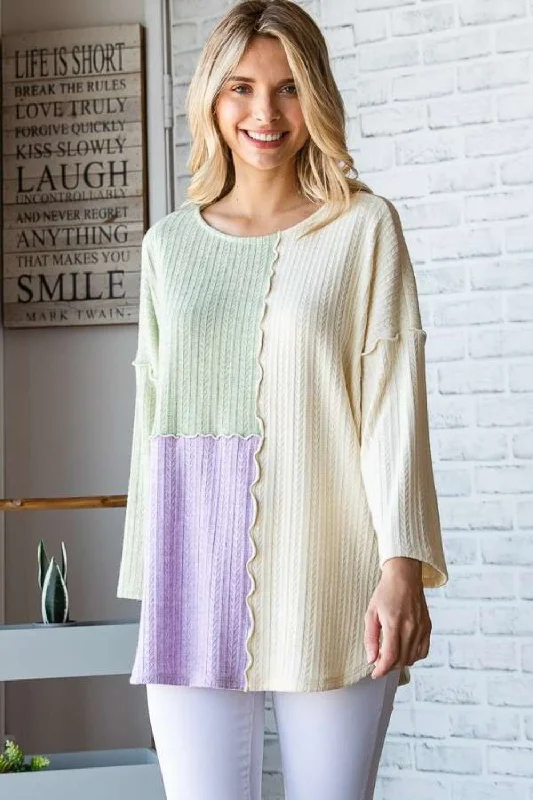 Color Block Round Neck Dropped Shoulder Blouse Textured Cotton Blouse