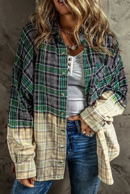 Plaid Chest Pocket Button Shacket Feminine Puff Blouse