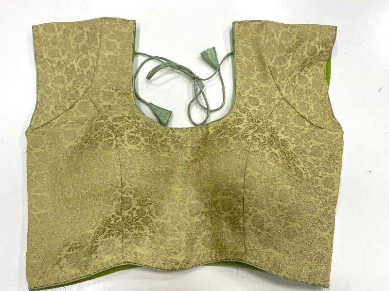 Brocade Blouse - Parrot Green Golden Embellished Collar Blouse
