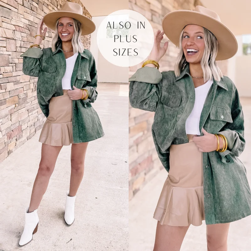 Latte Sips Button Up Corduroy Shacket in Olive Green Stylish Wrap Blouse