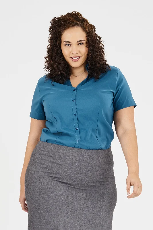 Ladies' Perfect Blouse Short Sleeve - Aquamarine Pleated Collar Blouse