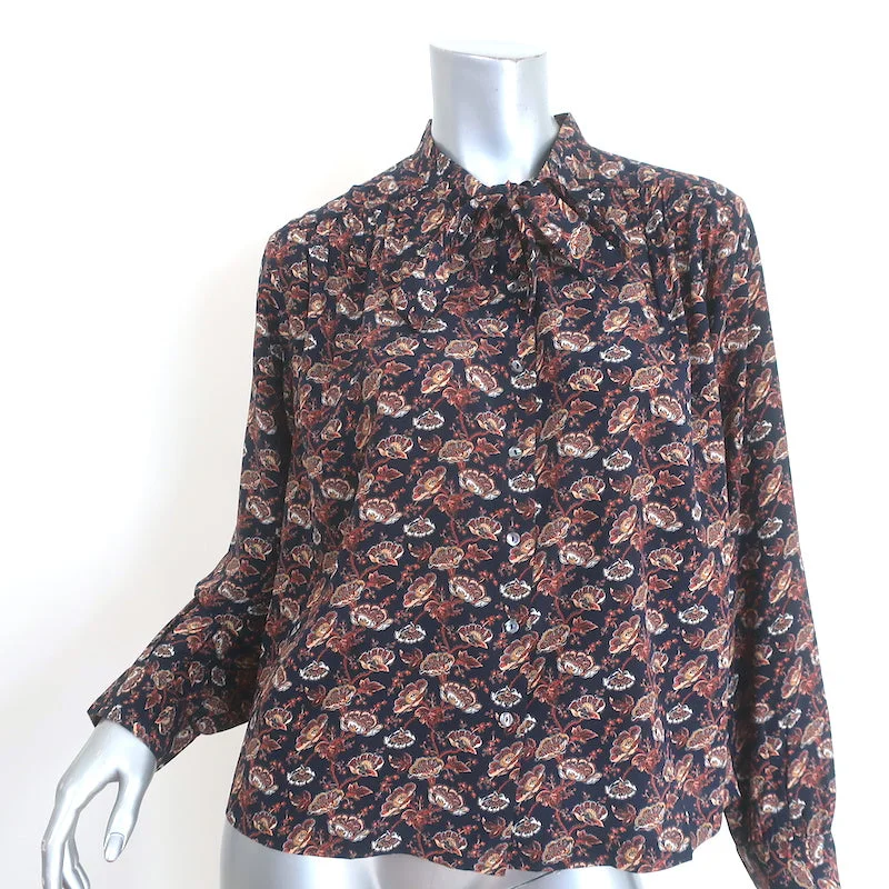 Doen Judith Tie-Neck Top Navy Floral Print Silk Size Medium Long Sleeve Blouse Side Tie Blouse