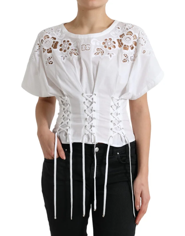 Dolce & Gabbana Elegant White Floral Lace-Up Blouse Elegant Semi-Sheer Blouse