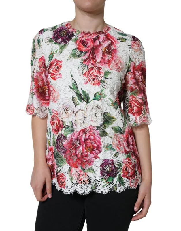 Dolce & Gabbana White Peony Lace Short Sleeves Blouse Top Sheer Mesh Blouse